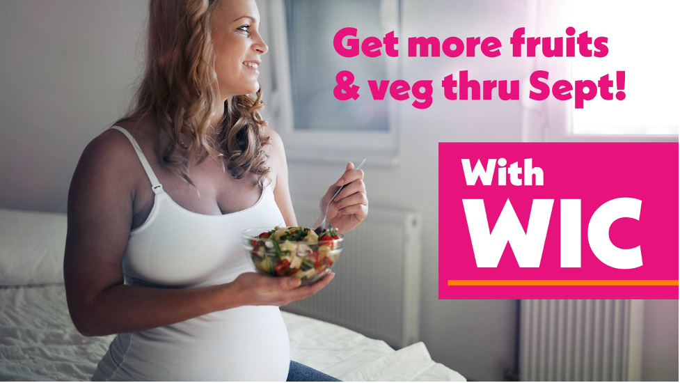 Image shows a pregnant woman eating a salad, with a text overlay that says, 